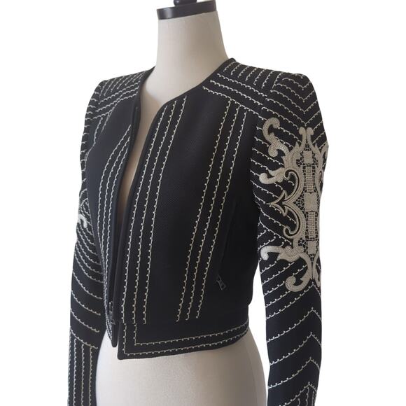 BCBGMAXAZRIA Aidan Embroidered Jacket Small Cropped Black Zipper Designer - Picture 1 of 10